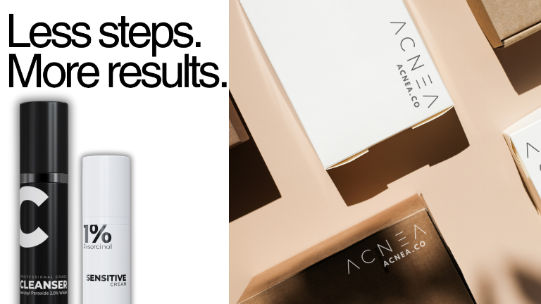 Acne treatment products and packaging with 'Less steps. More results.' text.